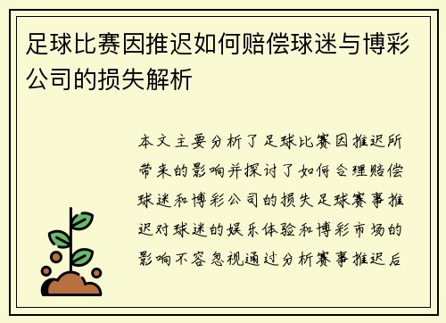 足球比赛因推迟如何赔偿球迷与博彩公司的损失解析